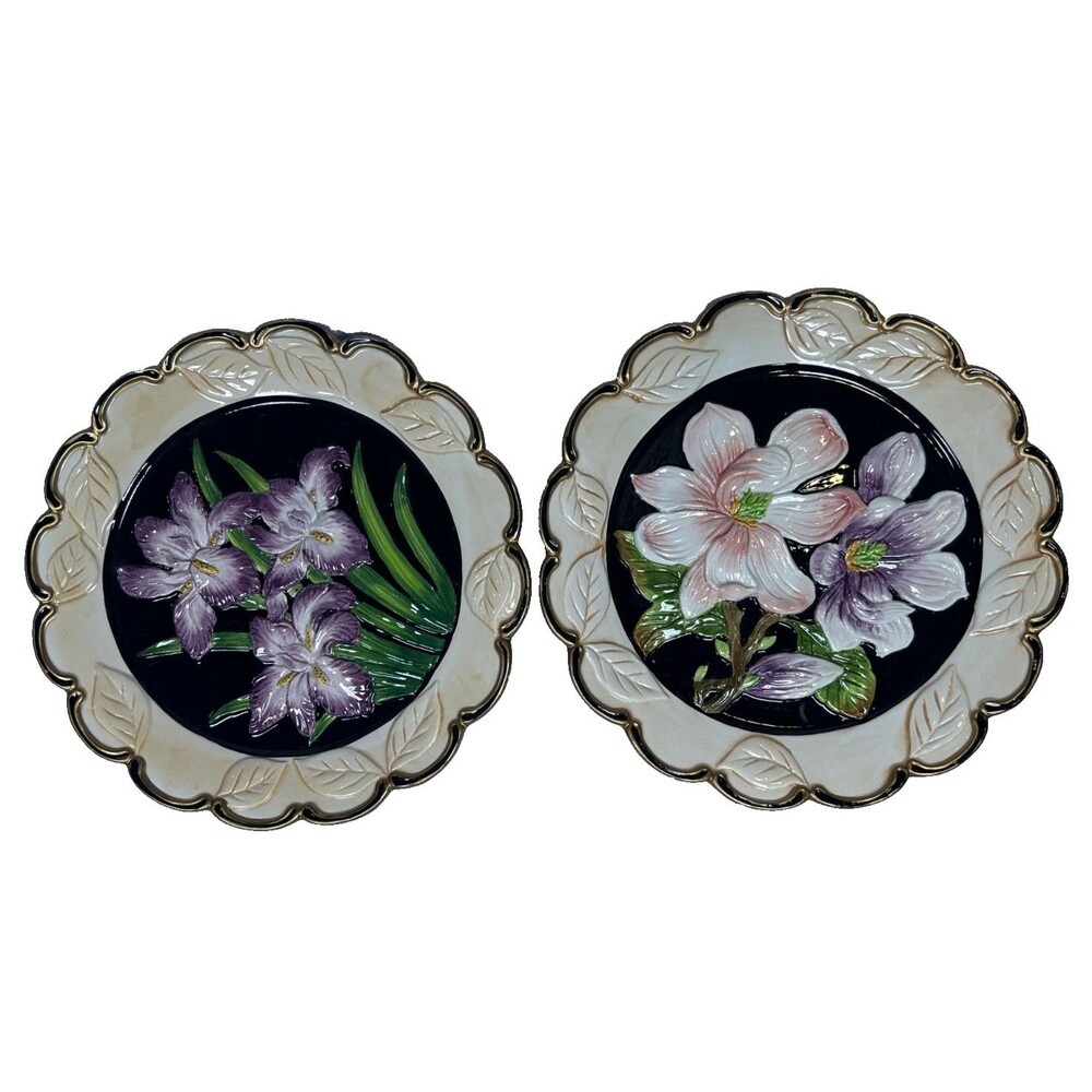 Set of 2 CBK Ltd Floral Decorative Plates Magnolia Iris Raised Embossed Wall